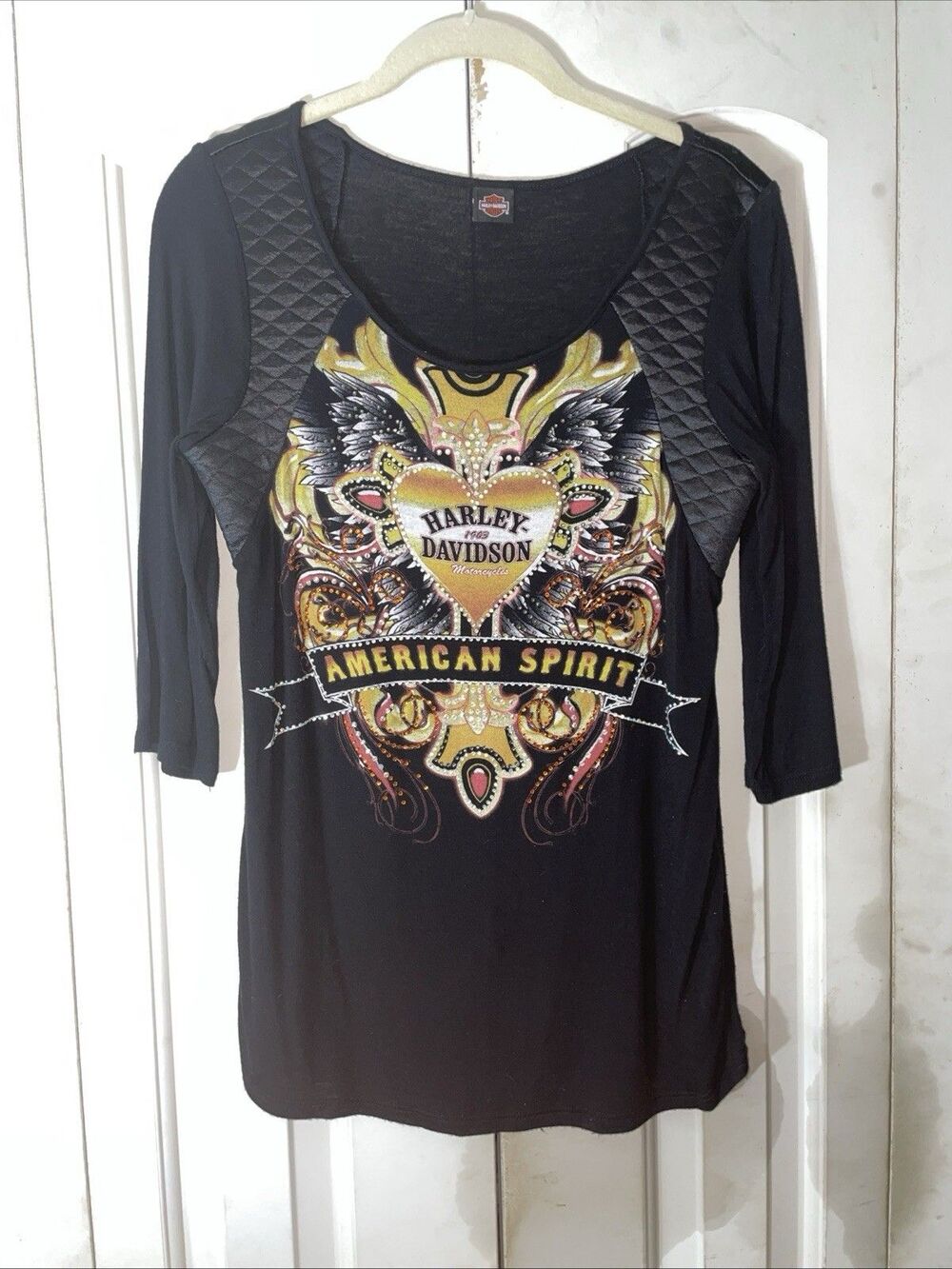 Harley Davidson Womens Medium Shirt American Spirit Rhinestone Faux Leather